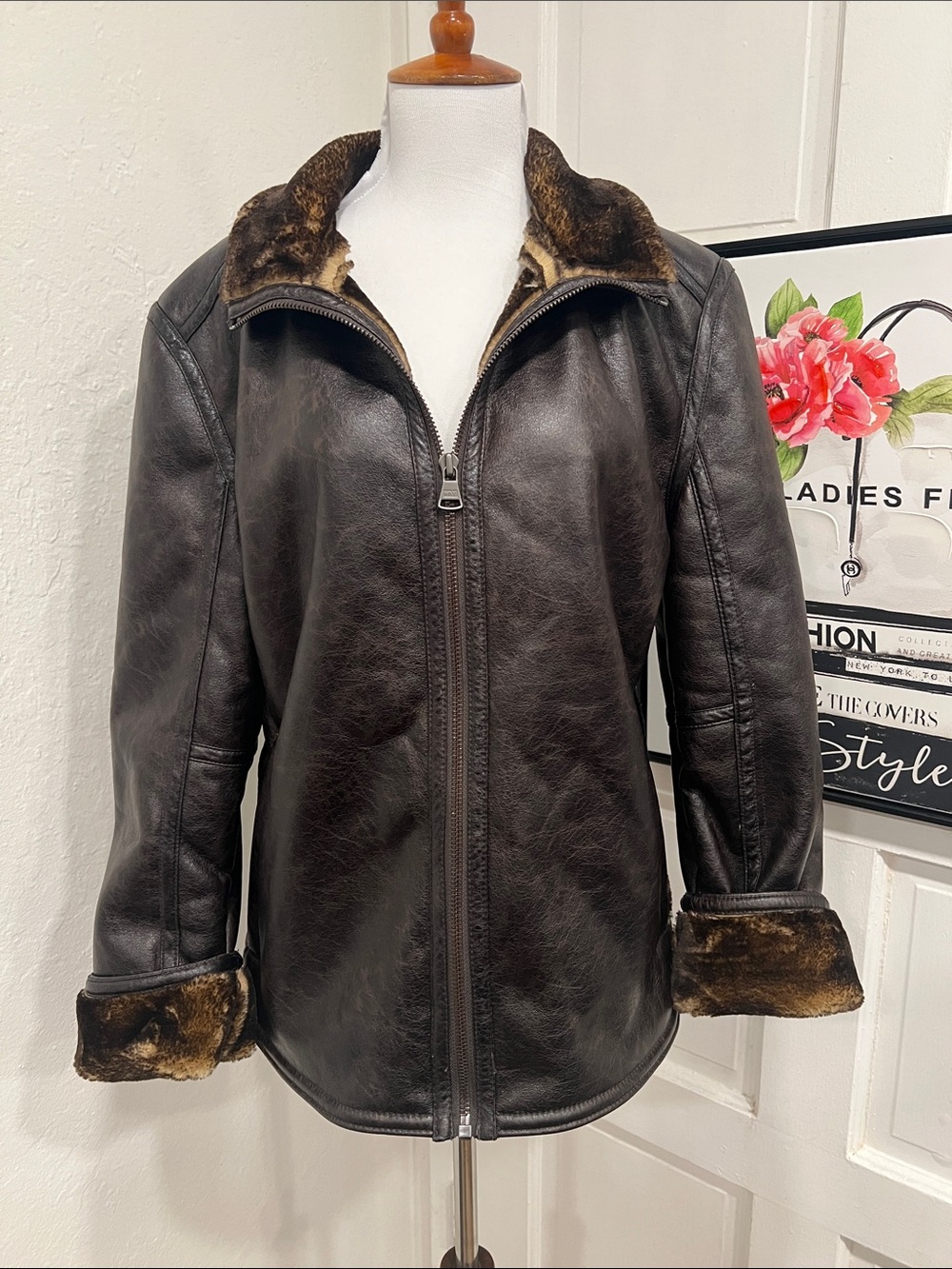 Marc New York by Andrew Marc Brown Faux Leather Unisex Jacket w/Faux Fur Size S